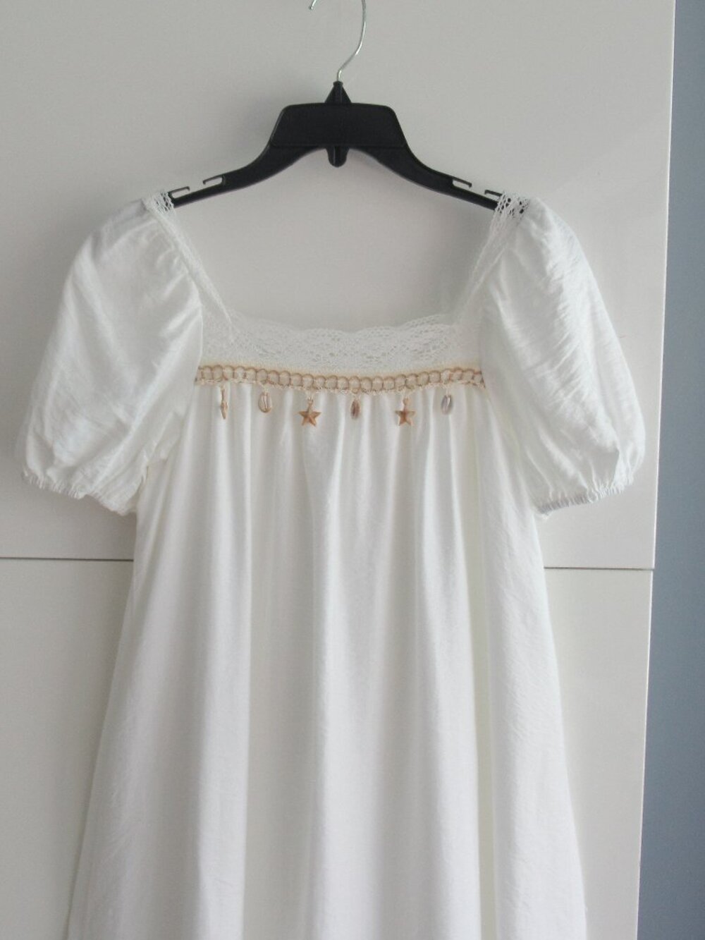 Flowy Summer Maxi Dress Sz S Lace Trim & Embellished w Seashells Fairycore White - Picture 2 of 13